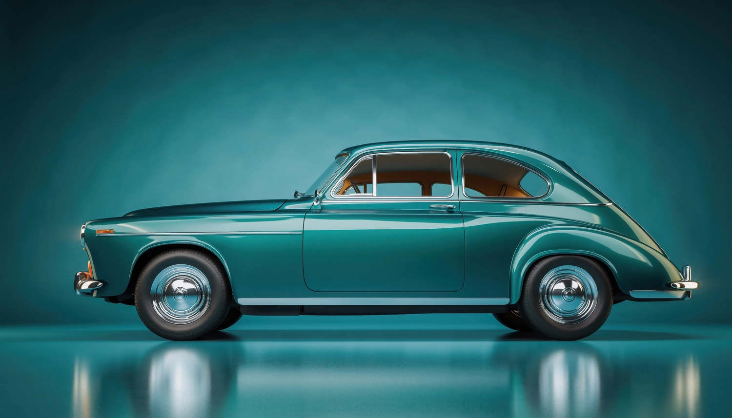 Lackiertechnik John - Fahrzeug Lackierer - Vintage-Eleganz: Ein smaragdgrüner Oldtimer, der zeitlose Eleganz ausstrahlt, steht im Profil vor einem minimalistischen Hintergrund und repräsentiert eine vergangene Ära des Designs und der Handwerkskunst.