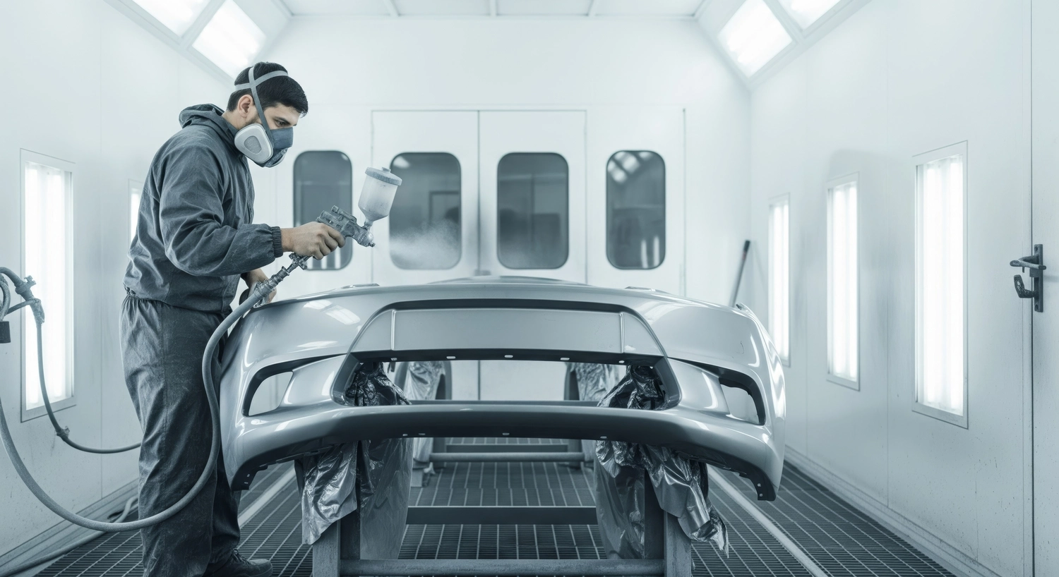 Lackiertechnik John - Fahrzeug Lackierer - Junger hispanischer Mann lackiert in einer Autolackierkabine mit Schutzausrüstung eine Autostoßstange.